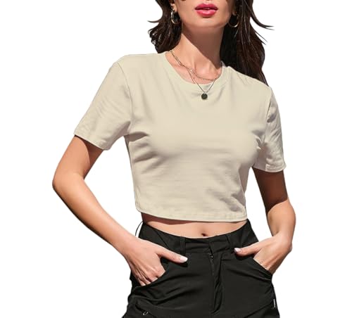 Image of Betusline Girls & Women Basic Summer Short Sleeve Slim Fit T-Shirts Soft Crewneck Crop Y2k Tee Cute Gym Fashion Clothes