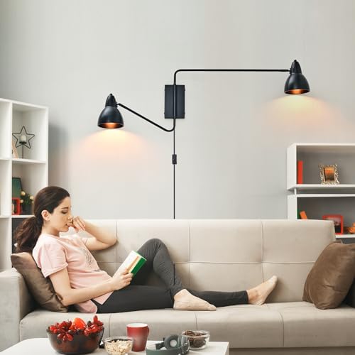 Image of Modern Black 2-Light Plug in Swing Arm Wall Sconce, 1 Pack