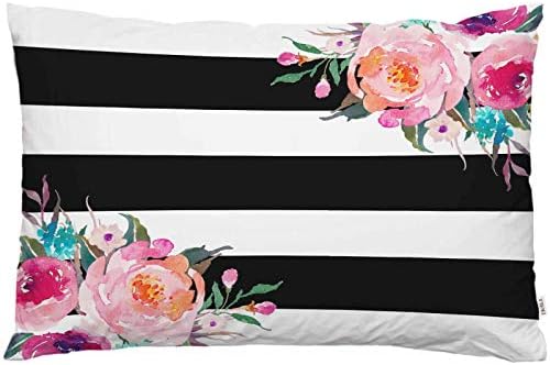 EKOBLA Throw Pillow Cover Floral Peony Rose Black White Stripes Little Wildflowers Spring Summer Leaves Natural Decor Lumbar Pillow Case Cushion for Sofa Couch Bed Standard Queen Size 20x30 Inch