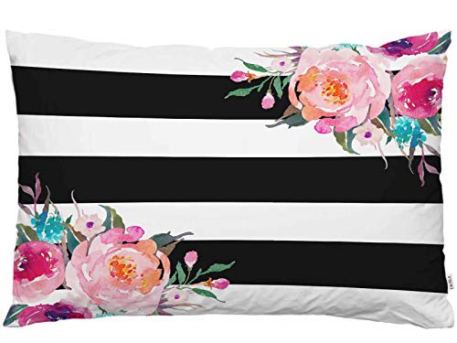 Ekobla Throw Pillow Cover Floral Peony Rose Black White Stripes Little Wildflowers Spring Summer Leaves Natural Decor Lumbar Pillow Case Cushion For Sofa Couch Bed Standard Queen Size 20X30 Inch #TOP19