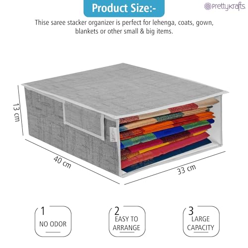 Image of PRETTY KRAFTS Stackable Fabric Saree Storage Organizer for wardrobe, Clear front window with Lid, Stackable organizers, Perfect to organize sarees in a wardrobe, Set of 6, Jute Grey