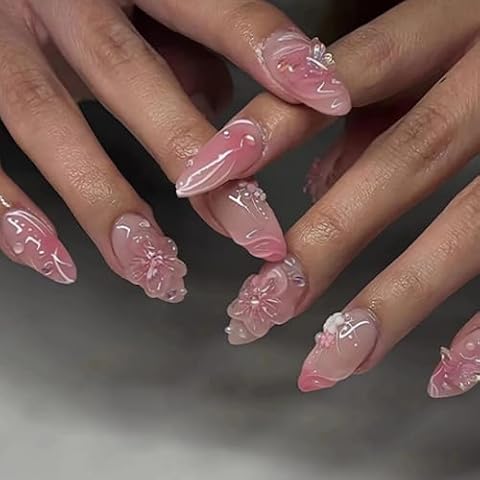 BABALAL Press on Nails Medium Almond Fake Nails Pink Glue on Nails 3D Texture Design Handmade Acrylic Nails Butterfly Flower Charm Coquette False Nails 30Pcs Manicure Stick on Nails Cover