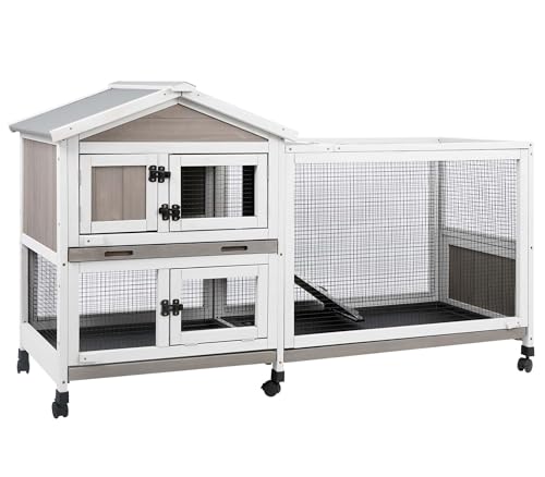Gowoodhut Outdoor Rabbit Hutch 2-Story Hutch for Indoor Bunny Weatherproof Bunny Cage with 6 Wheels, 3 Waterproof,Pull Out Trays, Safe Metal Run, and Multi-Functional Design for 1-3 Rabbits Small Pets