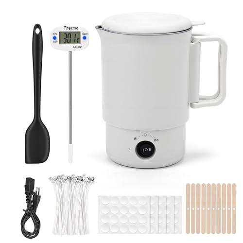 HISUEKIG Fondeur de Cire Bougie Électrique 800ml 600 W, Kit Fabrication Bougie Fondoir Cire Bougie pour la Fabrication de Bougies avec 100 Mèches, Thermometre Bougie, Cuillère à Mélanger