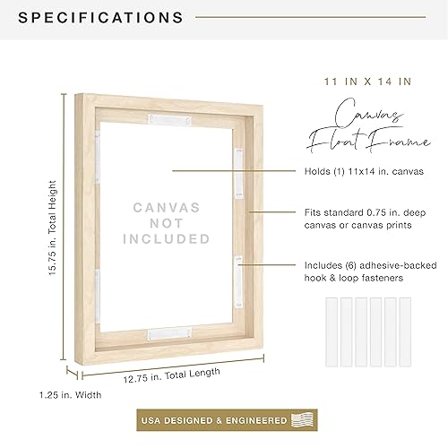 Image of MCS Canvas Float Frames 11x14 Frame, Natural Woodgrain for Finished Canvases, Vertical & Horizontal Wall Hanging Large with Adhesive for Canvas Paintings (1-Pack)