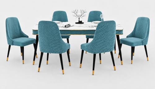 Image of WOODEN SPACE 6-Seater Wooden Dining Table Set | Nano Composite Marble Top | Solid Wood Base | Modern Dining Room Furniture with 6 Chairs (Sky Blue Vento)