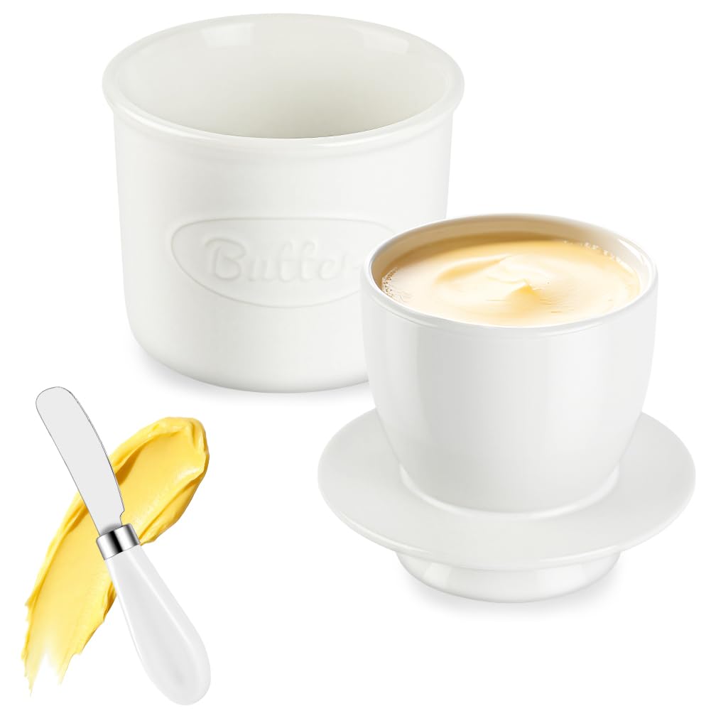 Vicloon Französischer Buttertopf, Französische Butterdose mit Deckel, Butterdoses Wassergekühlt mit Wasserlinie, Butterglocke mit Messer Buttertopf für Frische Streichfähige Butter - White