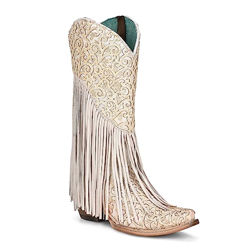 CORRAL LADIE'S WHITE LAMB OVERLAY & EMBROIDERY & FRINGES, LEATHER SOLE, COWHIDE/LAMB LEATHER, WESTERN, C3955