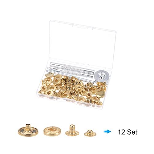 Uxcell 12 Sets Leather Snap Fasteners Kit 3/5 Inch 15Mm Copper Metal Press Studs Buttons Tool With 4 Setter Tools & Storage Box For Clothing Leather Sewing, Golden #TOP2