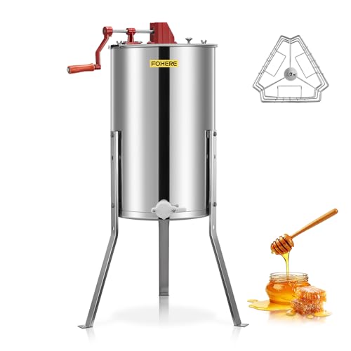 FOHERE 3-Frame Honey Extractor Food-Grade Stainless Steel Manual Beekeeping Equipment Apiary Centrifuge with Height-Adjustable Stand Perfect for Hobby Beekeepers & Home Apiaries