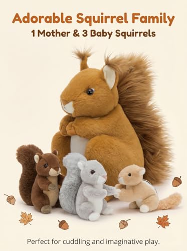 Image of MaoGoLan 4Pcs Squirrel Plush Toys with 3 Baby Squirrels, Realistic Mother Squirrel Stuffed Animal Set, Soft Brown Woodland Animal Plushie Gift for Kids, Girls, Boys & Forest Animal Lovers