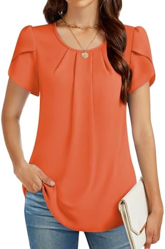 Funlingo Womens Summer Tops Dressy Casual Short Sleeve Tunic Chiffon Blouse Business Pleated Crew Neck Loose Flowy Shirts