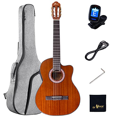 Winzz Full Size Electro Klassieke Gitaar Stings Nylon met Ingebouwde 4 Band EQ (Equalizer), 39 Inch Cutaway Gitaar Kit met tas, Tuner, Kabel, Sleutel en Polijstdoek