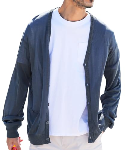 [JIGGYS SHOP] ジギーズショップ サマーニットカーデ L インディゴ｜メンズ 透けカーデ カーディガン 夏 夏専用 薄手 uv対策 冷房対策 無地 長袖 夏服 秋服 アクリル 軽い 涼しい コンパクト トップス カーデの商品画像（Amazon）