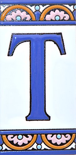 Letreros con numeros y letras en azulejo de ceramica policromada, pintados a mano en técnica cuerda seca para placas con nombres, direcciones y señaléctica. Texto personalizable. Diseño ARCO GRANDE 14,9 cm x 7,4 cm. (LETRA 