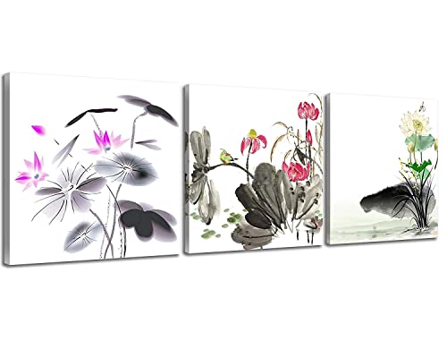 Nan Wind Small Size Traditional Chinese Painting Of Lotus Flowers Decor Canvas Prints 3 Pcs Watercolor Blossom Wall Art 12X12Inches 3Pcs/Set Stretched And Framed Ready To Hang For Home Decor #TOP27