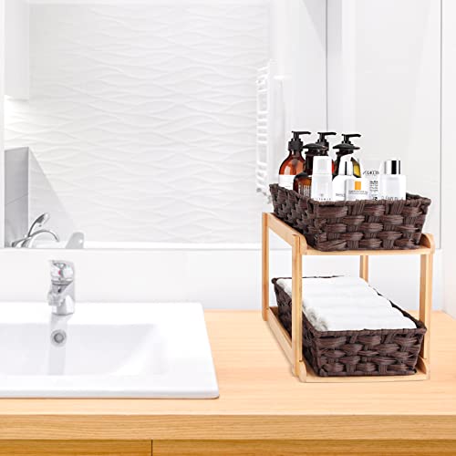 Tcjj 2-Tier Woven Baskets For Storage, Under Bathroom/Kitchen Sink Organizers And Storage, 2 Sliding Storage Baskets And Bamboo Tray For Bathroom Kitchen Pantry Medicine Cabinet Counter (Brown) #TOP2