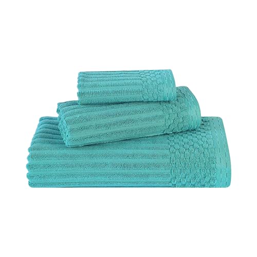 Superior 3 Piece Cotton Towel Set, Includes 1 Bath Towel, 1 Hand Towel, 1 Face Towel/Washcloth, Daily Use for Bathroom, Guest Bath, Quick Dry, Ribbed, Absorbent, Essentials, Soho Collection, Turquoise