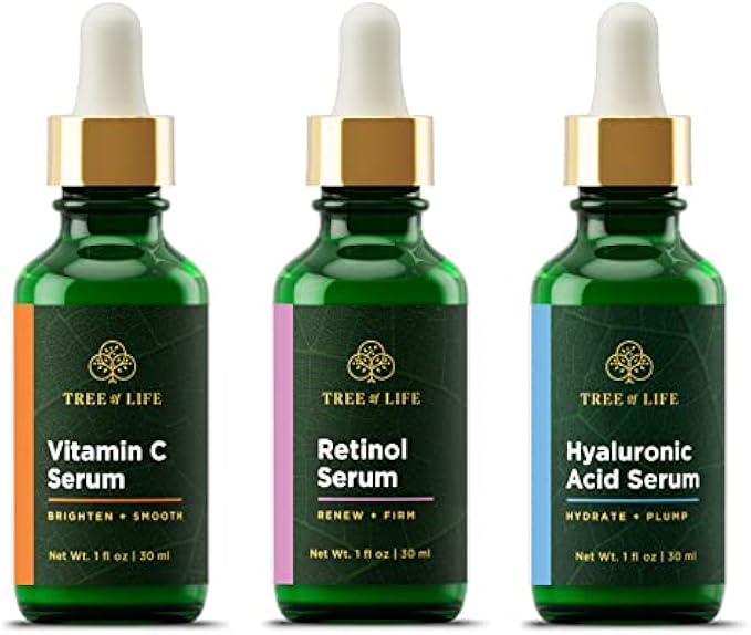 Tree of Life Vitamin C Serum, Retinol Serum and Hyaluronic Acid Serum for Brightening, Firming, & Hydrating for Face - 3 Ct x 1 Fl Oz - Total Skin Reset, Anti Aging Serums, Dark Spot Correcting