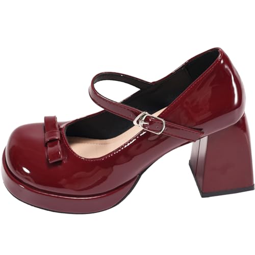 Women's Patent Leather Chunky High Heel Mary Janes with Adjustable Strap Cute Bow Round Toe Comfortable Platform Block Heel Non Slip Goth Dress Pumps for Work Party