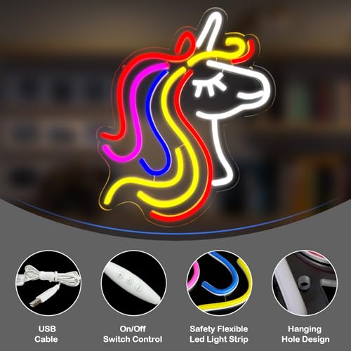 Image of Colorful Unicorn Neon Sign - Dimmable LED Light Signs, USB Powered Animall Wall Decor for Kids Girls Boys Bedroom, Cute Birthday Festival Party Christmas Gifts (16 x 9.2'')
