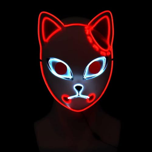 BEAUTYBIGBANG Maschera per Halloween Demon Slayer Maschera LED Fox Maschera Cosplay Anime Giapponese Demon Slayer Anime Fotografia Giocattolo Puntelli LED Maschera di Halloween (Rosso)