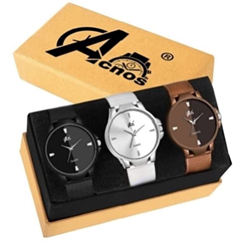 Image of Acnos Polyurethane Premium Brand - A Branded 3 Colors Black Brown And White Analog Super Quality Stylish Belt Watches For Men /Stylish Watches For Boys Pack Of 3, Multi-Color Dial, Multi-Color Band
