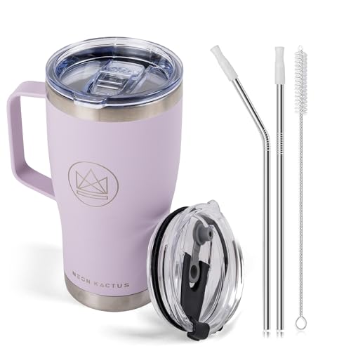 Neon Kactus 600ml/20oz Insulated Travel Mug with Handle, 2 x Stainless Steel Straws & 2 x Spillproof Lids, Vacuum Double Wall Stainless Steel Tumbler for Hot & Cold Drinks - Live Forever