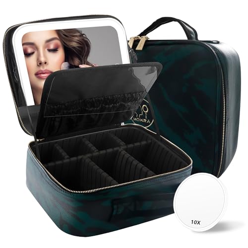 Image of MOMIRA Makeup Train Case with Light-up Mirror, Cosmetic Bag Organizer, Portable Travel Makeup Case with Adjustable Dividers, Waterproof, Zebra-Green