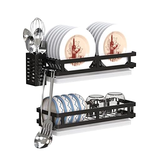 Couguarack Stainless Steel Wall Mounted Dish Drying Rack, Hanging Dish Drying Rack with Removable Tray, Multifunctional Utensil Rack for Kitchen (2 Tier)