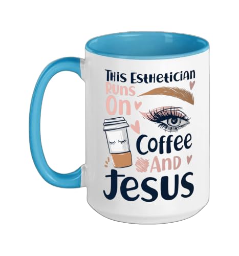 Esthetician Skincare Beautician Coffee Jesus Faith Christian Ceramic Mug, Blue/White, 15oz