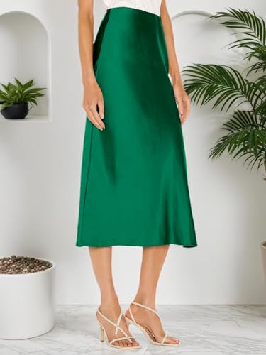 Image of Amy Babe Womens Satin Silk High Waist Slit Midi Skirt Long Skirts for Women | Elastic Waistband, Side Split, Midi Length, Below the Knee, Silky Fabric, Elegant, Fall Winter Outfits
