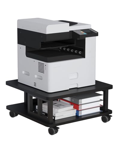 Image of AOOSSI Mobile Printer Stand, 2-Tier Large Printer Shelf for Laser 3D Printer Office Machine with Storage, 23.6"x23.6" Wood Printer Cart Under Desk Rack with Wheels for Office Home Kitchen (Black)