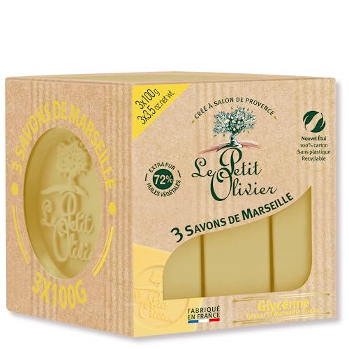 LE PETIT OLIVIER - 3 Seifen De Marseille – Glycerin – Duft der Region De Grasse – reinigt die Haut sanft – hergestellt in Frankreich – 3 x 100 g