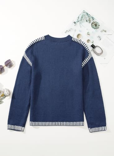 Image of Women's Crewneck Long Sleeve Sweater Casual Fall Contrast Ribbed Knit Pullover Jumper Tops