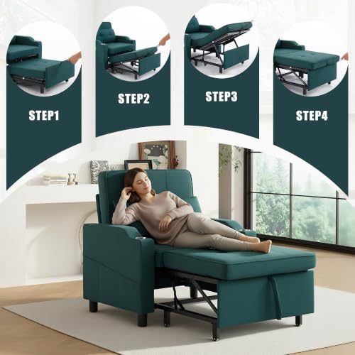 Image of Sleeper Chair 5-in-1 Convertible Chair Bed Pull Out Adjustable Single Armchair Sofa Bed with USB Ports,Side Pocket,Cup Holder (Green)
