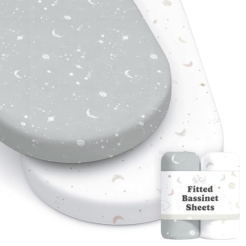 Image of Baby Bassinet Sheets for Boy, Girl (Galaxy, Moon and Stars) 2-Pack - Fitted Bedside Bassinet Sheets - Buttery Soft Cotton Blend for Standard Mattress Pad - Compatible with Halo BassiNest