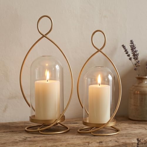GLIMSDEER Large Hurricane Pillar Candle Holders with Glass Dome, Set of 2 Decorative Gold Candle Lanterns for Tabletop, Modern Centerpieces for Dining Table, Fireplace Mantel Decor