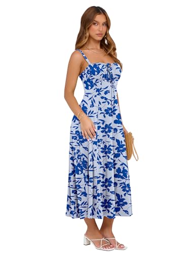 Image of YATHON Women's Summer Midi Corset Boho Dresses Spring Casual Floral Spaghetti Straps Lace Up Dress Flowy Aline Beach Sundress