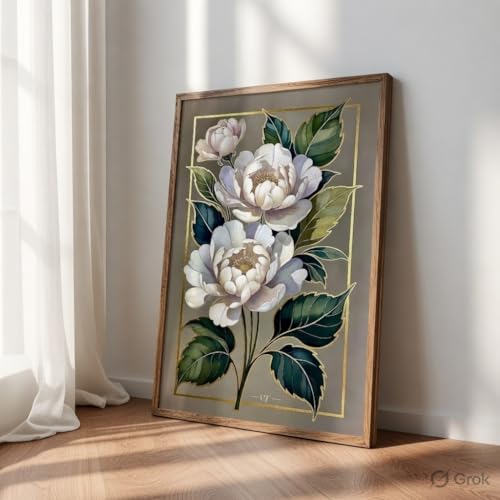 Image of SAF Elegant White Floral Botanical Wall Art with Wooden Frame | Luxury Flower HD UV Laminated Print on MDF | Modern Aesthetic Decor for Living Room Bedroom Office 13.5 Inch x 19.5 Inch