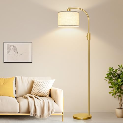 Image of Nintiue Upgraded Modern Arc Dimmable Tall Standing Floor Lamp with Linen Shade, 1200 Lumens LED Bulb Included, for Living & Reading Room, Bedroom, Office & Nursery, Gold