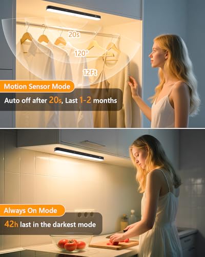 Image of Ferswe Motion Sensor Light Indoor Rechargeable, Battery Level Display, 60 LED Motion Sensor Closet Lights, Dimmable Touch Control, Under Cabinet Lights for Kitchen, Closet, Cupboard(2 Pack)