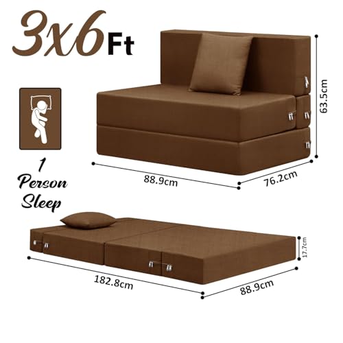 Image of Single-Seater Sofa Cum Bed Foldable Sofa Cum Bed Jute Fabric Washable Fabric & Zipper |Jute Finish Fabric - Brown Color | 3' X 6' Feet