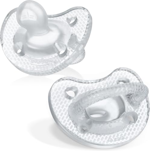 Image of Chicco PhysioForma Luxe Orthodontic Pacifier for Babies 6-16 M,One-Piece 100% Soft Silicone, Supports Breathing, Textured Shield & Handle, Sterilizing Case, BPA Free, Crystal, 2 Count oz.(Pack of 6)