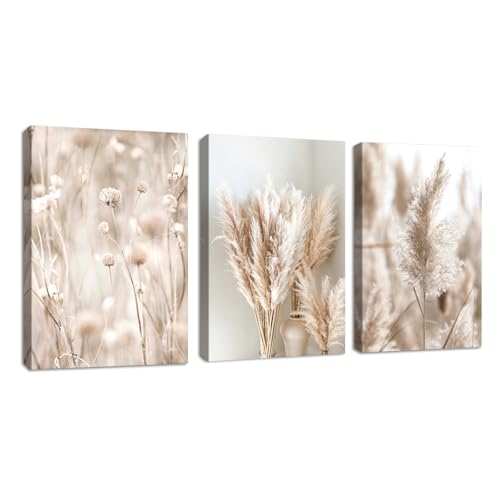 FajerminArt 3 Panels Boho Canvas Wall Art Set Modern Beige Reeds Pampas Plants Pictures Painting on Canvas Prints for Living Room Bedroom Office Wall Decoration Stretched On Frame 30x40cmx3Pcs