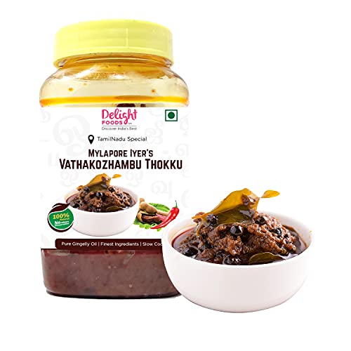 Image of Delight Foods Mylapore Iyer's Vathakozhambu Thokku 300g - Rice Mix | Homemade Recipe made with gingelly /Sesame oil | Tamarind Paste /Vathal Kuzhambu Mix | Tamil Nadu Special | NO PRESERVATIVES