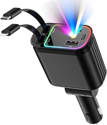 4 IN 1 Einziehbares Zigarettenanzünder USB C, Ladegerät Auto Handy | 66W Schnellladung, Sternenhimmel-LED, Car Charger mit iPhone Samsung, Google Pixel, Android & Tablets, Auto Zub