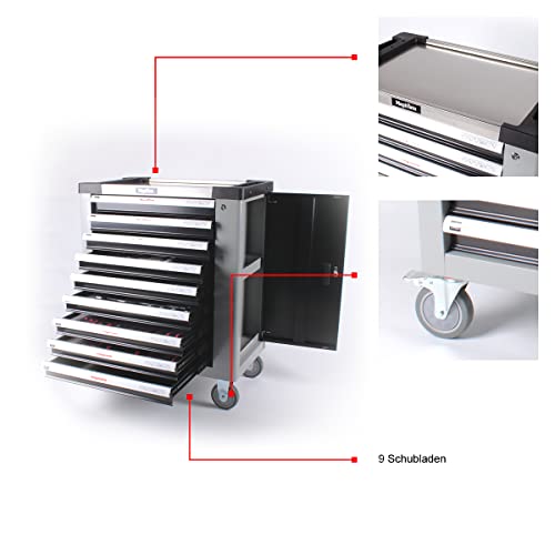 Mephisto Werkzeugwagen Werkstattwagen mit 9 Schubladen Davon 9 Schubladen mit Werkzeug wie Schraubenschlüssel, Ratsche mit Nusskasten, Engländern usw. in Soft Inlays in Carbonoptik befüllte – Bild 6