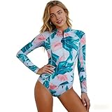 BEACHKINI One-Piece Swimsuit for Women Long-Sleeved Swimwear with Front Zip Triangle Swimsuit,Blue,S