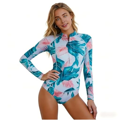 Beachkini Damen Surfen Bademode Einteilige UV-Schutz Langarm Rashguard Badeanzug
